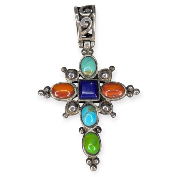 Native American Sensa Eustace Zuni 925 Silver Multi Gem Stone Cross Pendant 2" - Picture 1 of 7